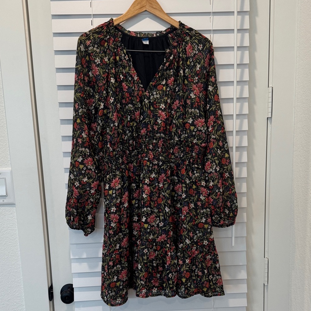 Old Navy Waist-Defined Smocked Floral Shine Mini Dress Women’s Large Long Sleeve